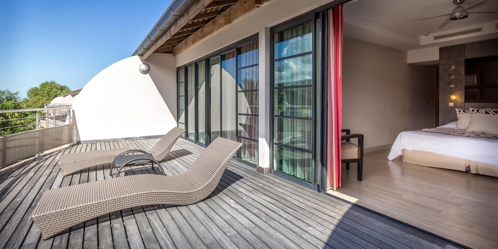 Balcony of Two-Bedroom Duplex Suite, Manava Suite Resort Tahiti.