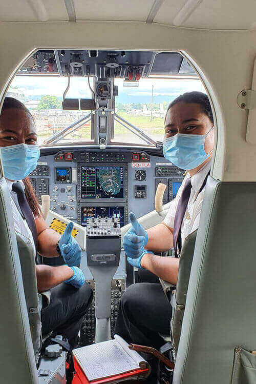 Fiji Airways' pilots with COVID safe gear.