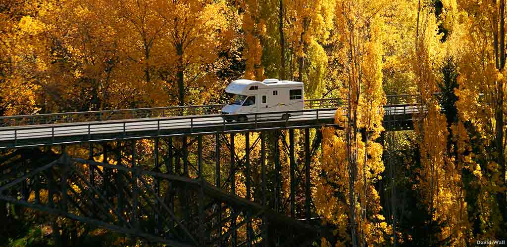 A motorhome crossing a bridge in New Zealand.