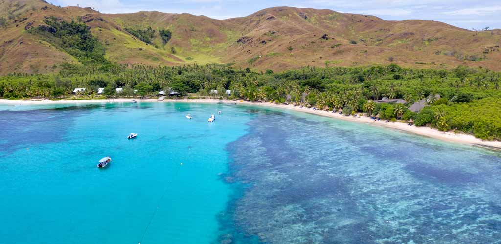 Drone view of the islands in Yasawas, Fiji. 