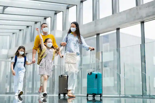 Family with masks on a holiday