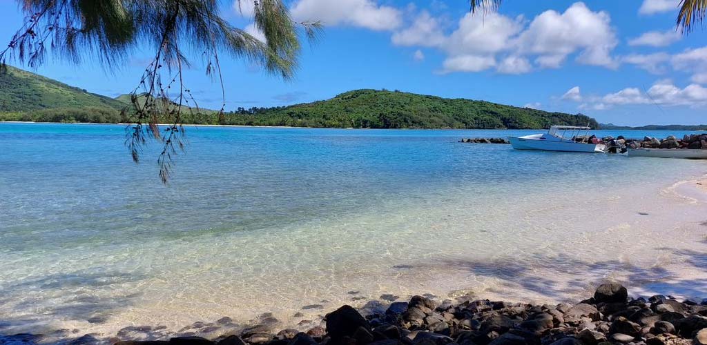 Panoramic view of the beach at Navutu Stars Resort in Yasawa Islands, Fiji.