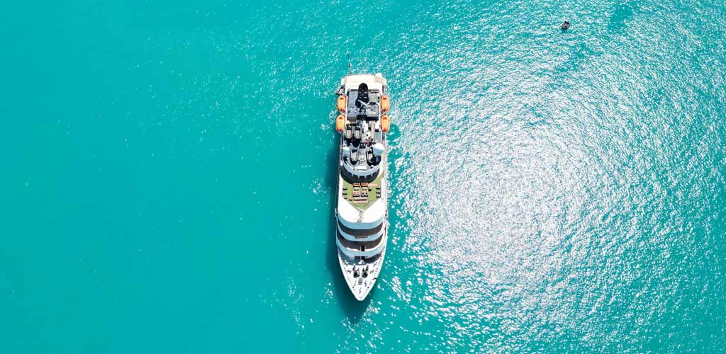 Drone shot of the MS Caledonian Sky, Captain Cook Fiji