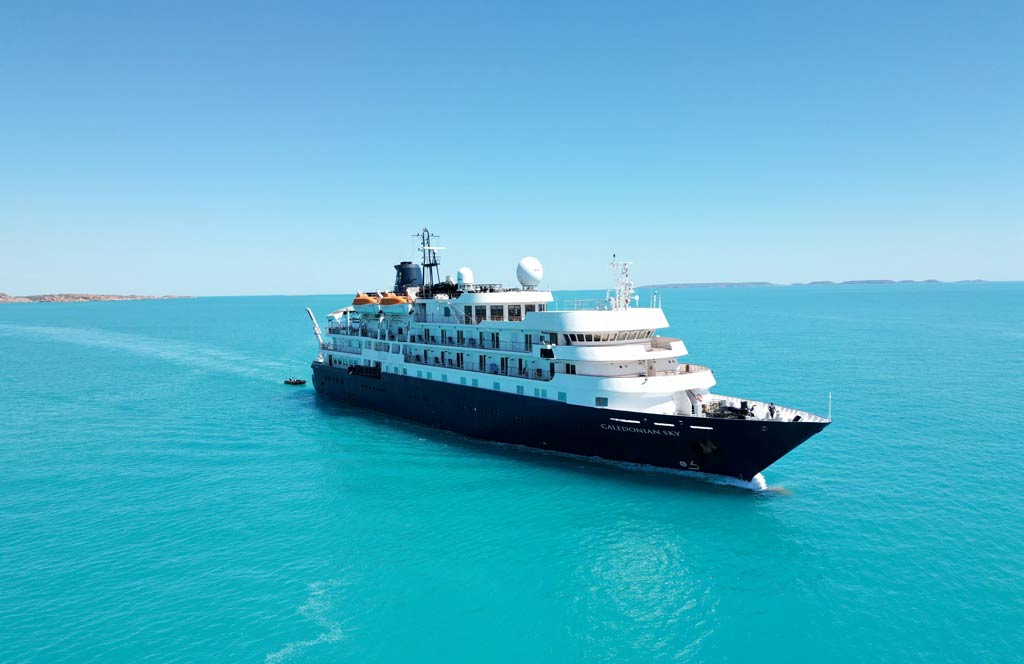 Drone shot of MV Caledonian Sky cruise ship.