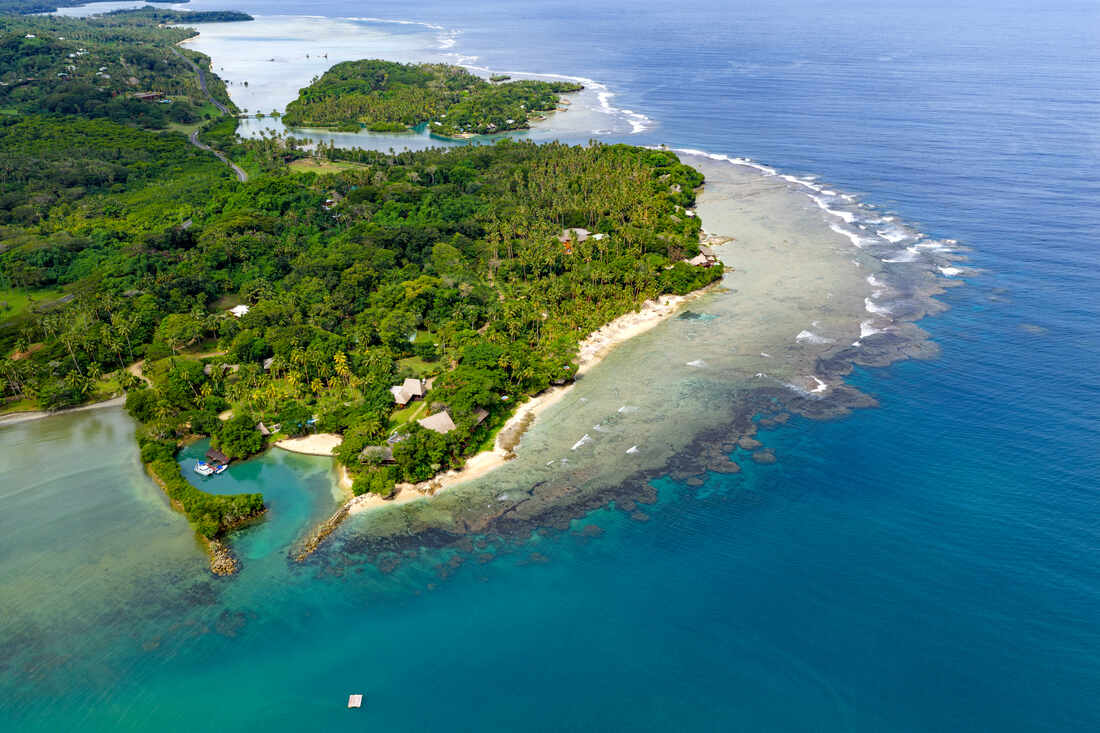Aerial drone shot of the Namale Resort and Island.