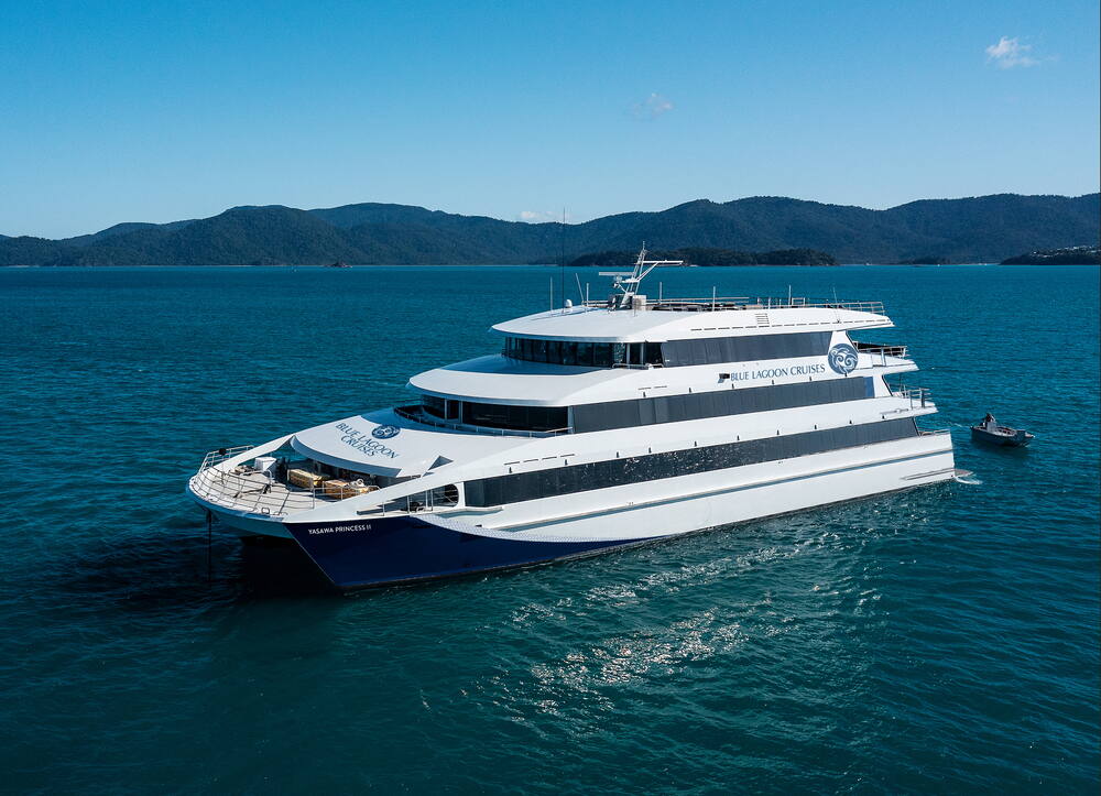 Render of a drone picture of a large cruising vessel